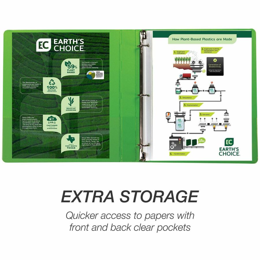 Samsill Earth's Choice Plant-based View Binders, 1" Capacity, Letter Size, 3 Round Rings, 2 Internal Pockets, Lime, Durable, Recycled, Clear Overlay, 2 Pack