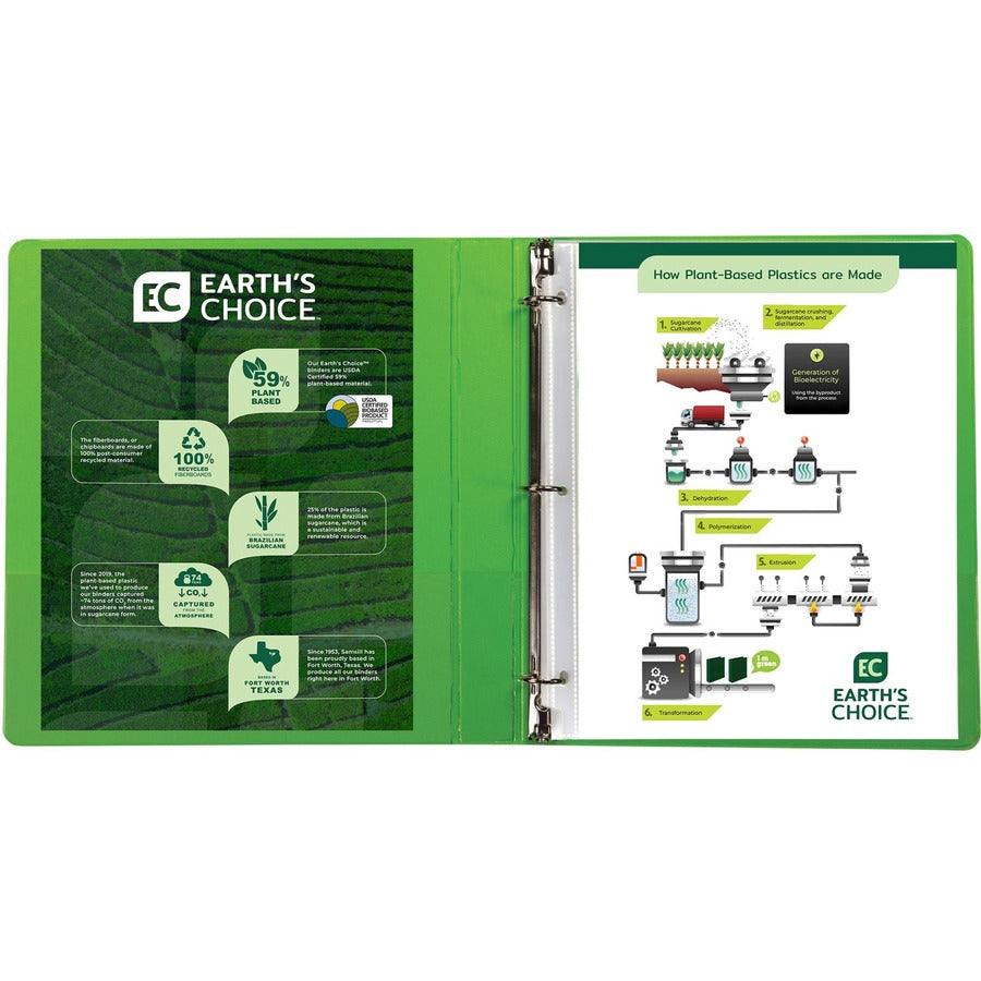 Samsill Earth's Choice Plant-based View Binders, 1" Capacity, Letter Size, 3 Round Rings, 2 Internal Pockets, Lime, Durable, Recycled, Clear Overlay, 2 Pack