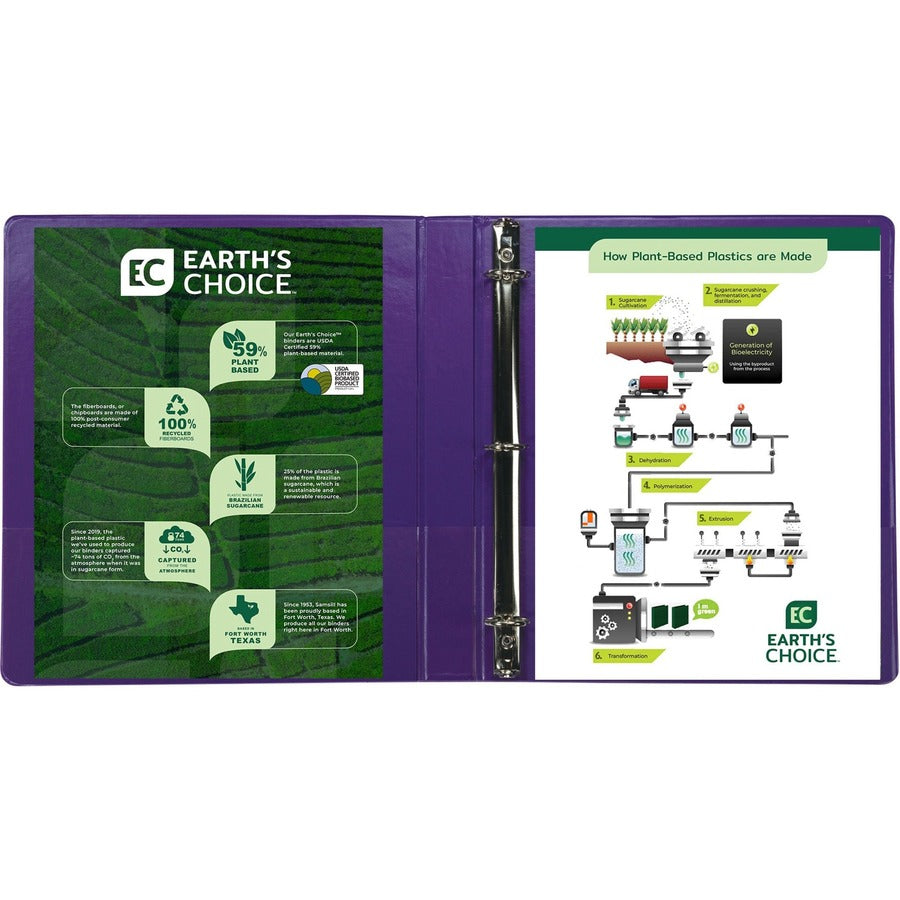 Samsill Earth's Choice Plant-based View Binders, 1" Capacity, 3 Round Rings, Letter Size, 200 Sheet Capacity, 2 Internal Pockets, Purple, 2 Pack