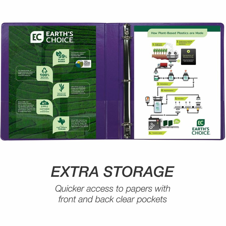 Samsill Earth's Choice Plant-based View Binders, 1" Capacity, 3 Round Rings, Letter Size, 200 Sheet Capacity, 2 Internal Pockets, Purple, 2 Pack