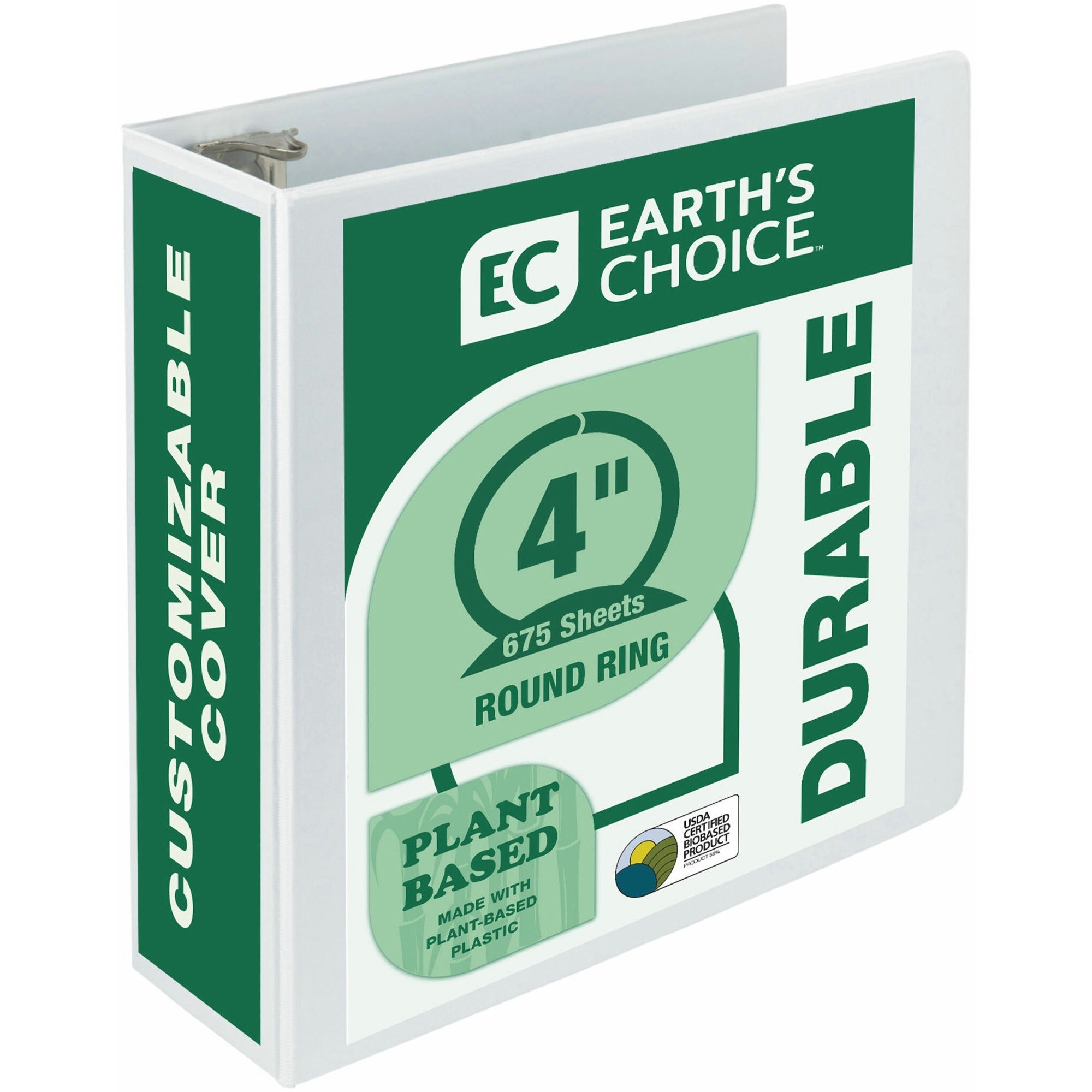 Samsill Earth's Choice Plant-based Durable View Binder, 4" Capacity, 3 Round Rings, Letter Size, Holds 675 Sheets, 2 Internal Pockets, White, 1 Each