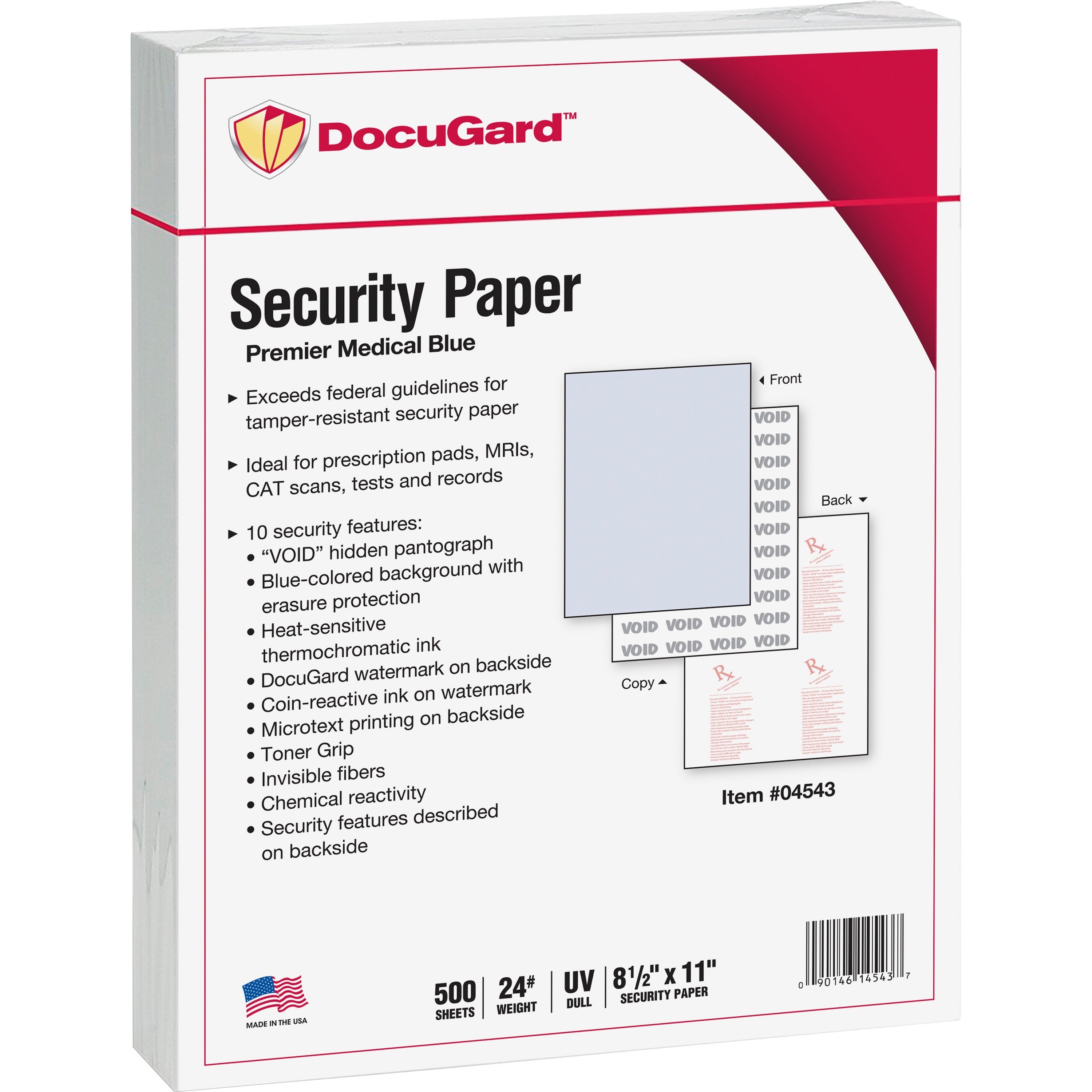 Letter - 8 1/2" x 11" - 24 lb Basis Weight - Tamper Resistant, Watermarked, Chemical Reactive, CMS Approved - Blue - 500 / Ream