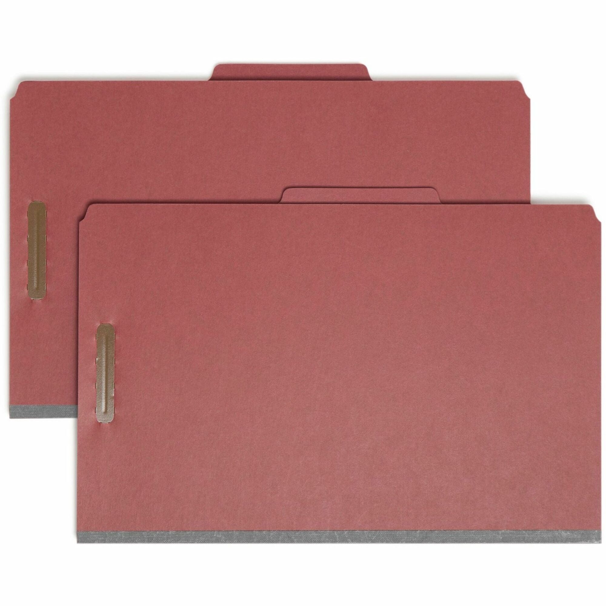 Smead Legal Size 2/5 Tab Cut Recycled Pressboard Classification Folders, 2" Expansion, 6 Fasteners, 2 Dividers, Red, Heavy Duty, Tear Resistant, 100% Recycled, 10/Box