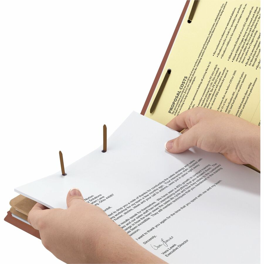 Smead Legal Size 2/5 Tab Cut Recycled Pressboard Classification Folders, 2" Expansion, 6 Fasteners, 2 Dividers, Red, Heavy Duty, Tear Resistant, 100% Recycled, 10/Box