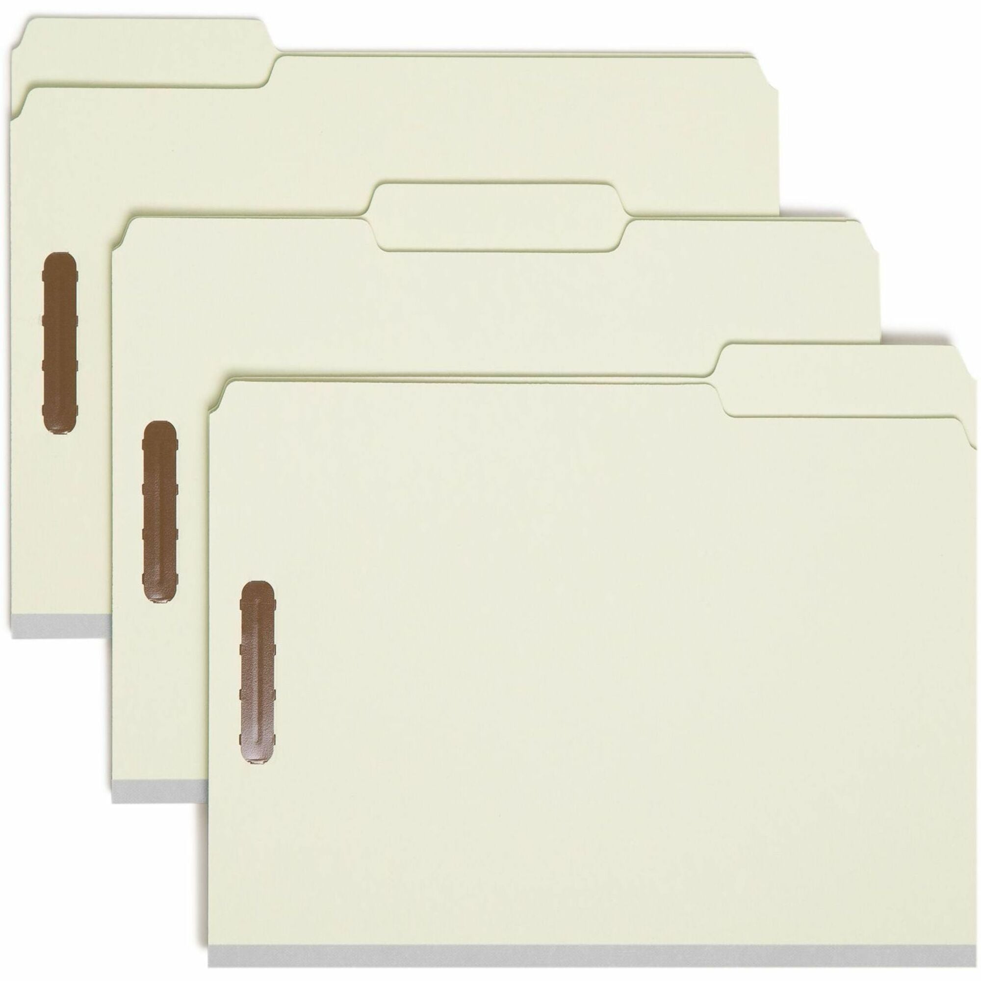Smead 1/3 Tab Cut Letter Size Recycled Fastener Folders, 3" Expansion, 2 Fasteners, Assorted Tab Positions, Pressboard, Gray/Green, Reinforced Gusset, 25 per Box