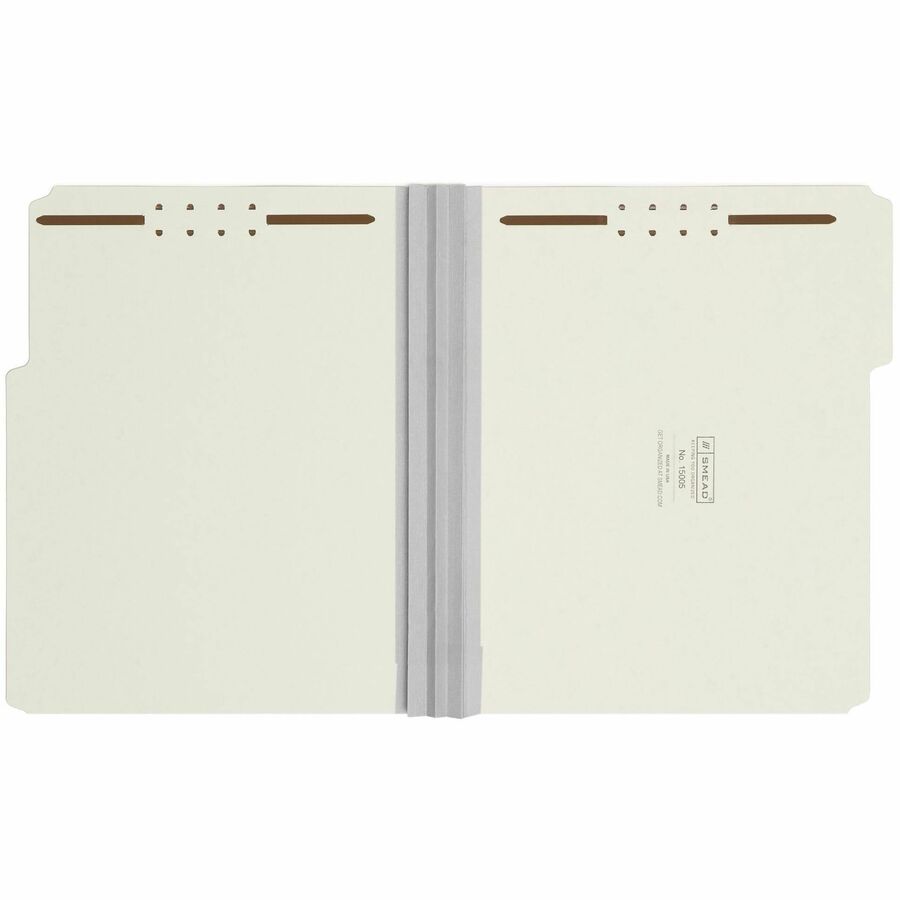 Smead 1/3 Tab Cut Letter Size Recycled Fastener Folders, 3" Expansion, 2 Fasteners, Assorted Tab Positions, Pressboard, Gray/Green, Reinforced Gusset, 25 per Box