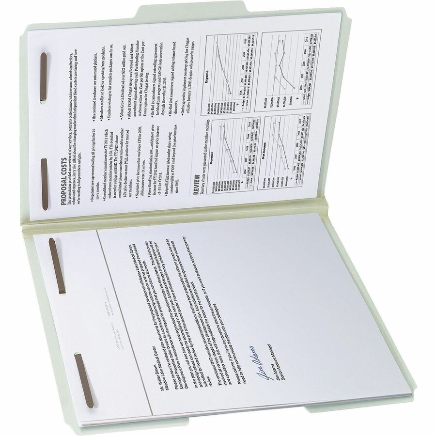 Smead 1/3 Tab Cut Letter Size Recycled Fastener Folders, 8.5" x 11", 1" Expansion, 2 x 2" Fasteners, Assorted Top Tabs, Pressboard, Gray/Green, Tear Resistant Gusset, 25/Box