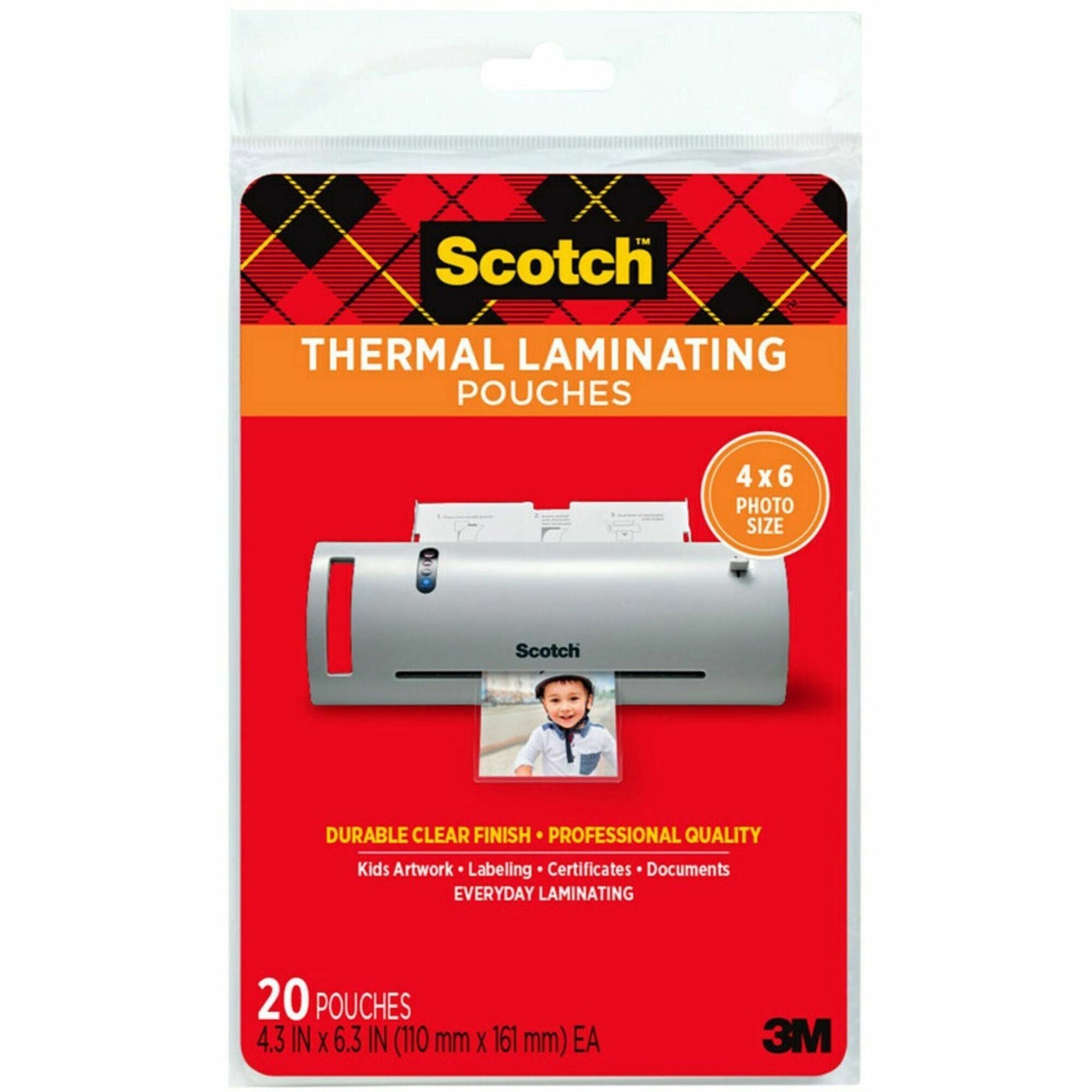 Scotch Thermal Laminating Pouches, 4.3" x 6.3", 5 mil, Glossy, Clear, Photo-safe, Double Sided, 1 Pack