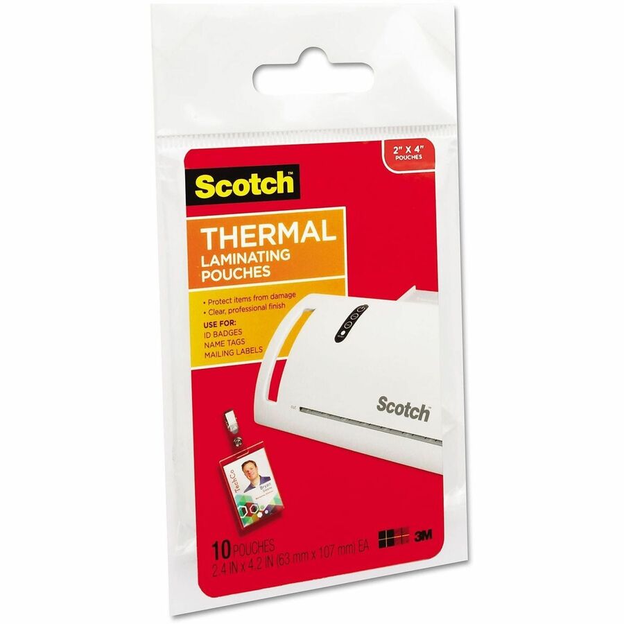 Scotch Thermal Laminating Pouches - Laminating Pouch/Sheet Size: 2.40" Width x 4.20" Length x 5 mil Thickness - Glossy - for Photo, ID Badge, Document, Lists, Card - Double Sided, Photo-safe - Clear - 10 / Pack