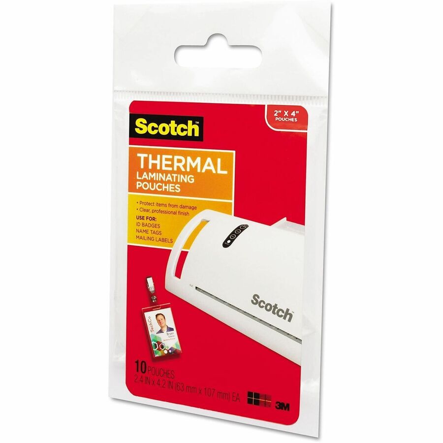 Scotch Thermal Laminating Pouches - Laminating Pouch/Sheet Size: 2.40" Width x 4.20" Length x 5 mil Thickness - Glossy - for Photo, ID Badge, Document, Lists, Card - Double Sided, Photo-safe - Clear - 10 / Pack