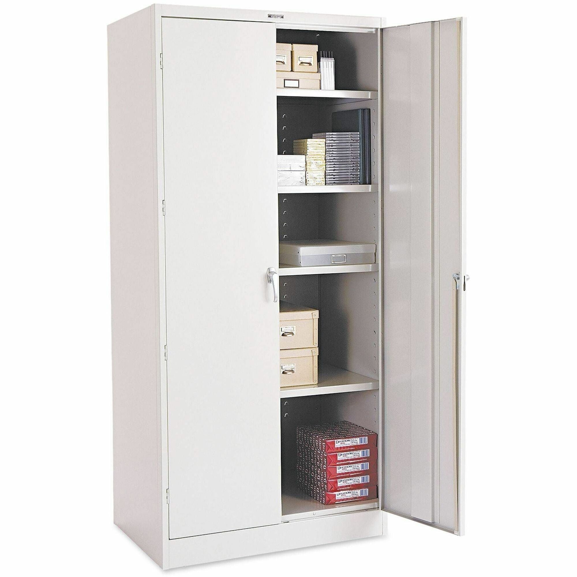 Tennsco Storage Cabinet, Unassembled, 36"W x 24"D x 78"H, 5 Shelves, 2 Doors, Heavy Duty Steel, Light Gray, 1 Each