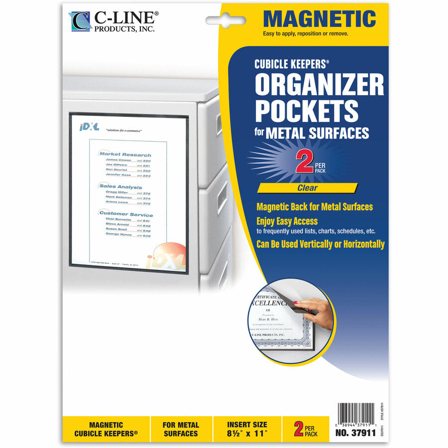 C-Line 8-1/2"x11" Magnetic Cubicle Keepers Pockets - 11" Height x 8.5" Width - Polypropylene - Clear, Black - 2 / Pack