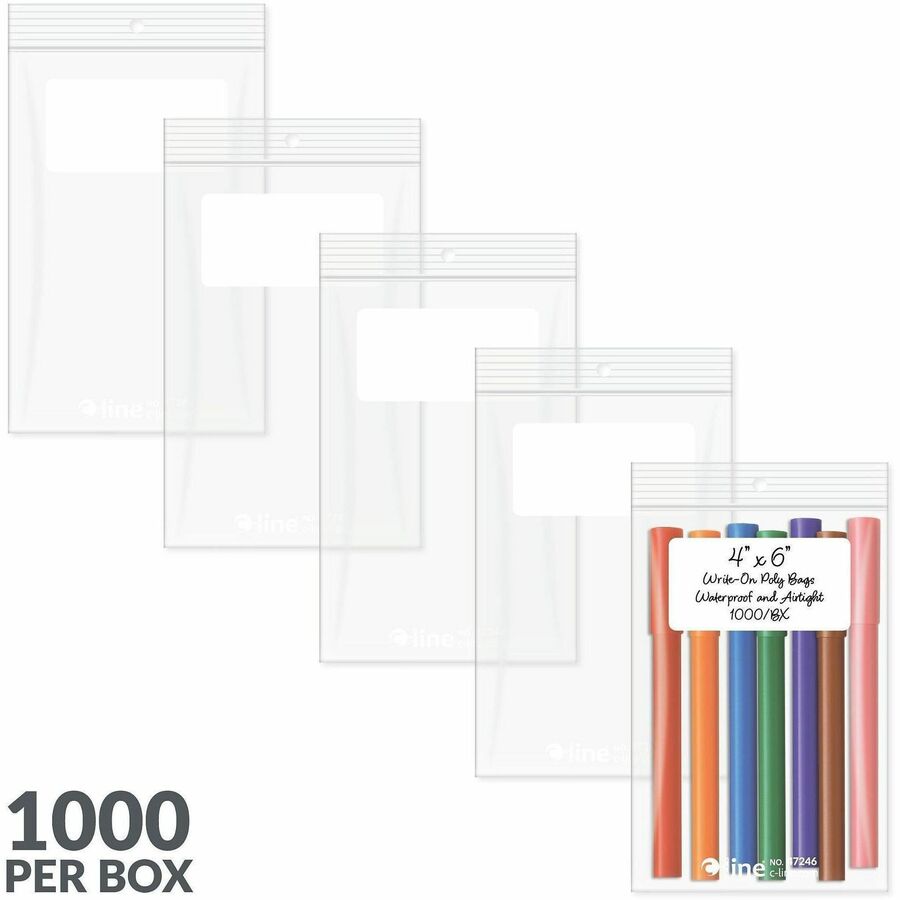 C-Line Write-On Reclosable Small Parts Bags - 6" Length x 4" Width x 2 mil (51 Micron) Thickness - Zipper Closure - Clear - Poly - Rubber Band, Screw, Pushpin - 1000 / Carton