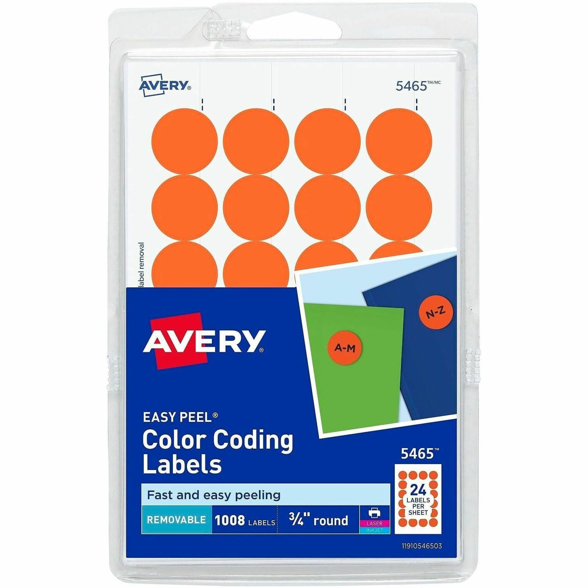Avery 3/4" Round Removable Color Coding Labels, Orange, 24 Labels/Sheet, 42 Sheets, 1008 Labels/Pack, Laser/Inkjet Printable, Paper, Matte Finish
