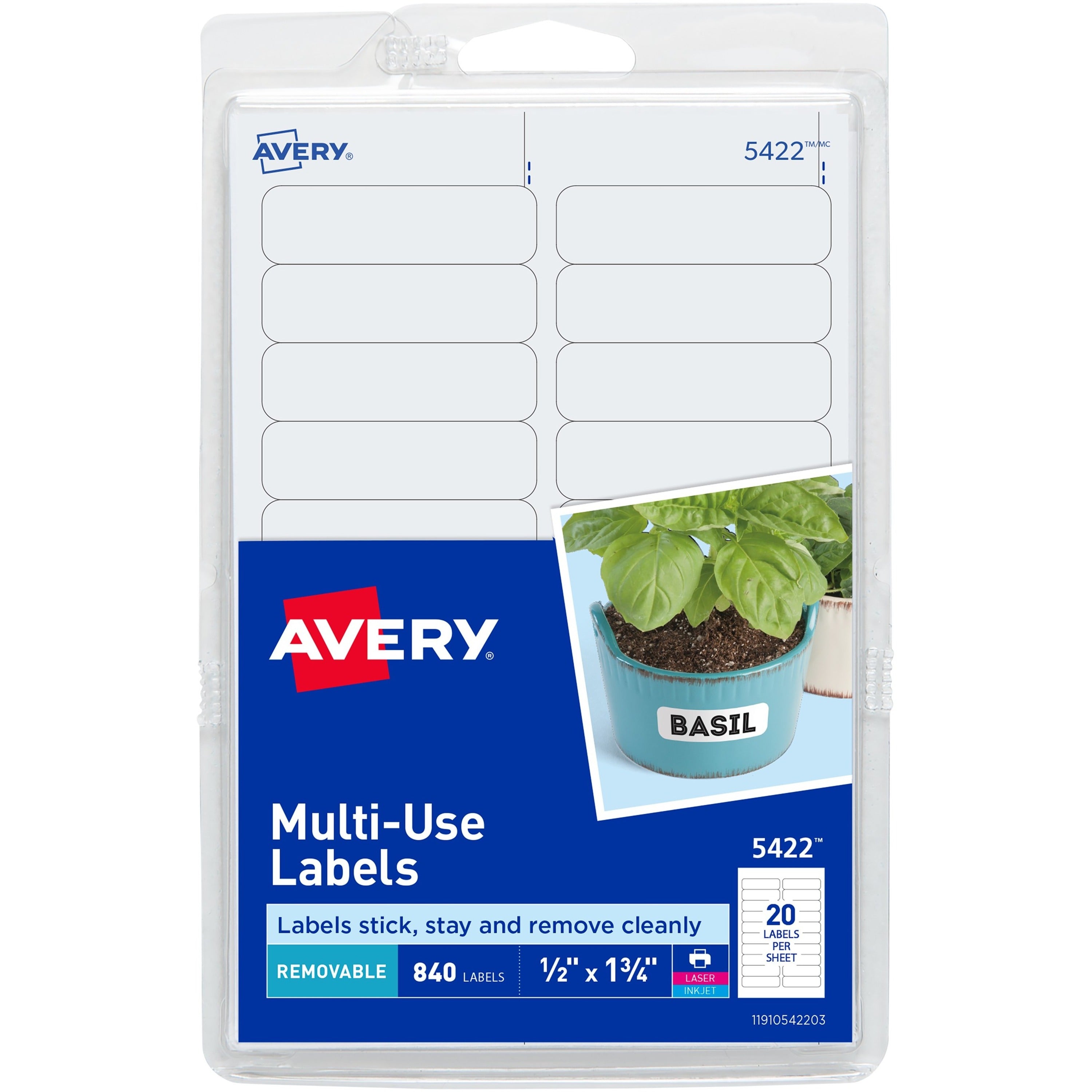 1/2" Height x 1 3/4" Width - Removable Adhesive - Rectangle - Laser, Inkjet - White - Paper - 20 / Sheet - 42 Total Sheets - 840 Total Label(s)