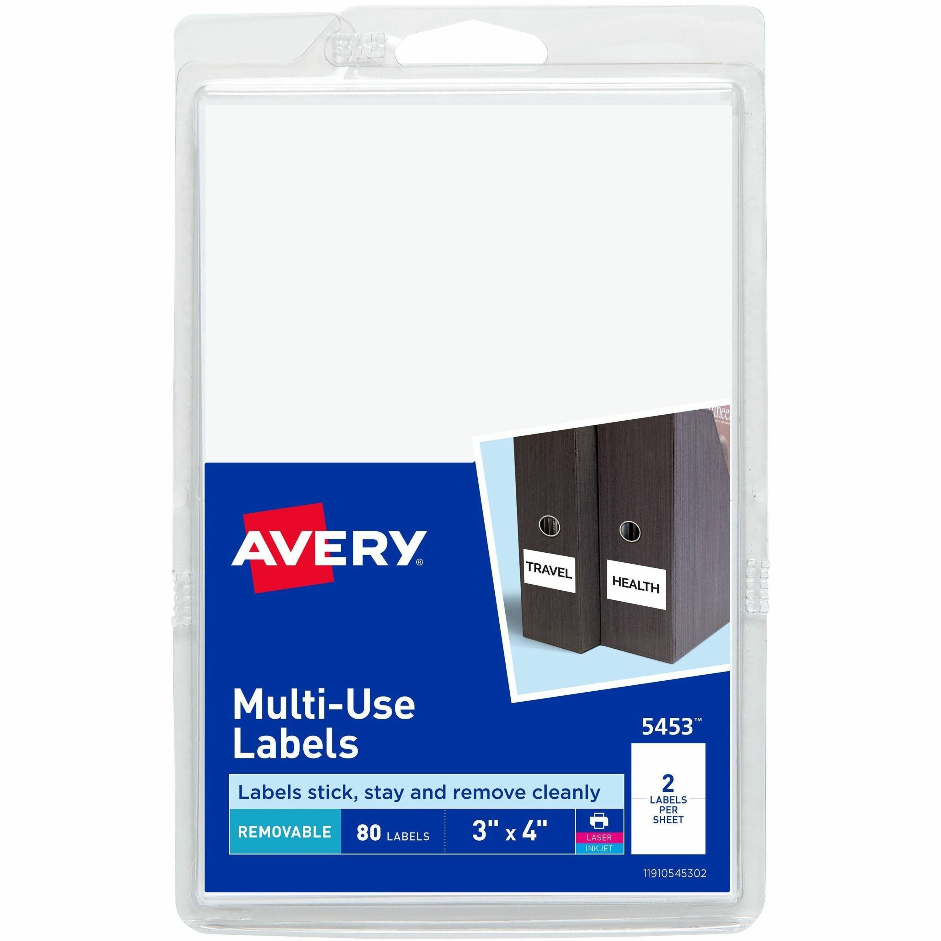 3" Height x 4" Width - Removable Adhesive - Rectangle - Laser, Inkjet - White - Paper - Removable, Peel & Stick, Residue-free, Customizable, Adhesive - 2 / Sheet - 40 Total Sheets - 80 Total Label(s) - 80 / Pack