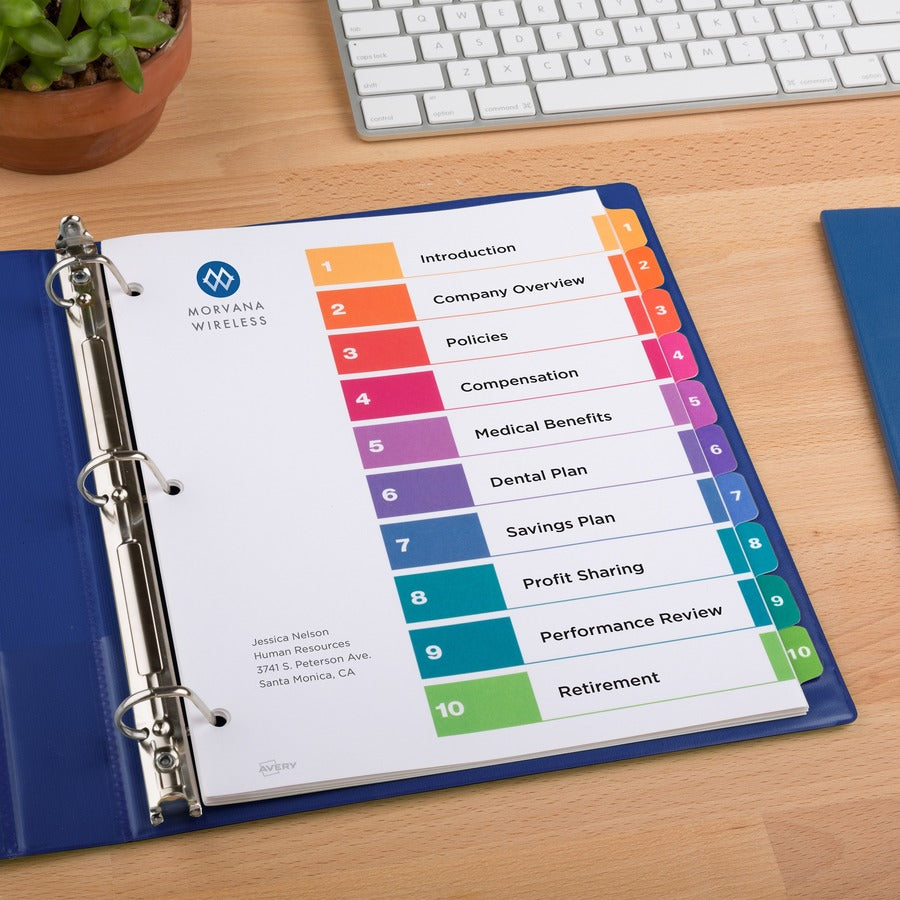 240 x Divider(s) - 1-10 - 10 Tab(s)/Set - 8.5" Divider Width x 11" Divider Length - 3 Hole Punched - White Paper Divider - Multicolor Paper Tab(s) - 20% Recycled - 1 Box
