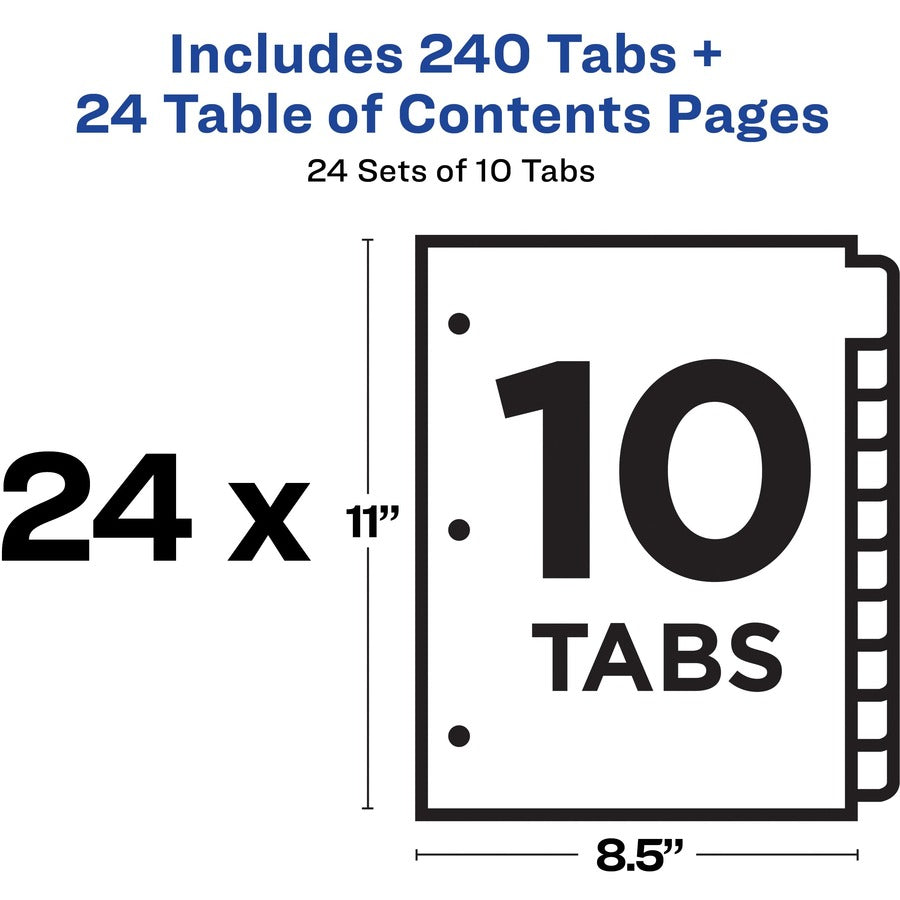 240 x Divider(s) - 1-10 - 10 Tab(s)/Set - 8.5" Divider Width x 11" Divider Length - 3 Hole Punched - White Paper Divider - Multicolor Paper Tab(s) - 20% Recycled - 1 Box