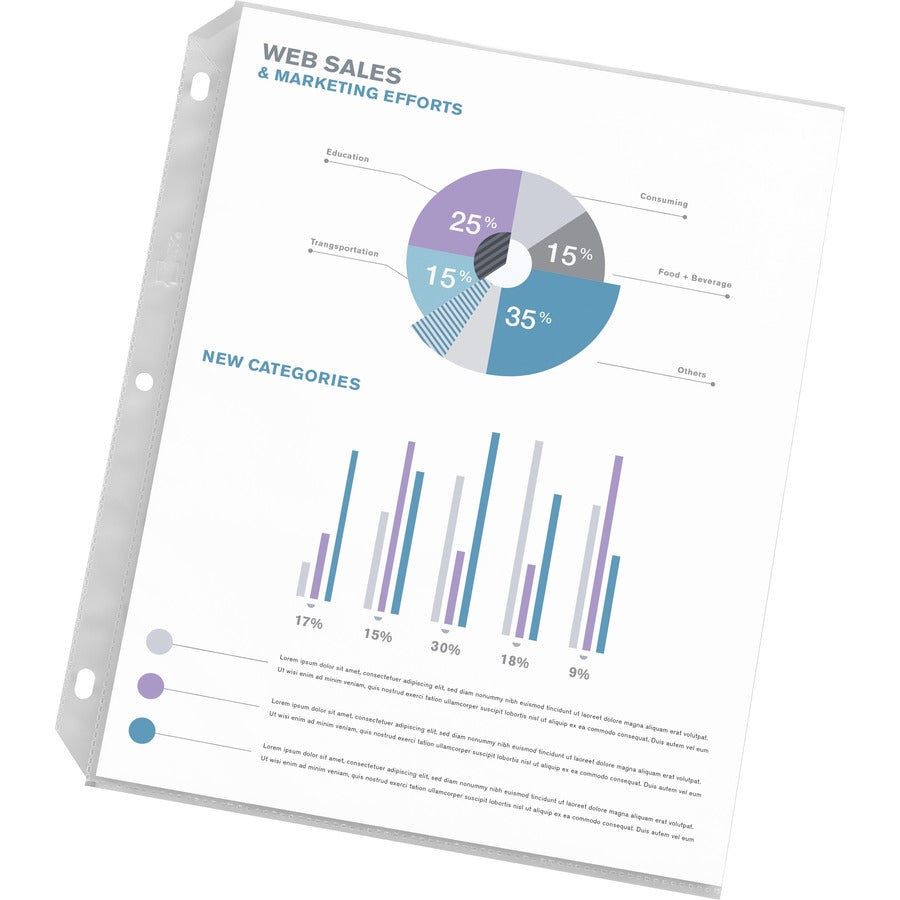 Sheet Capacity - For Letter 8 1/2" x 11" Sheet - 3 x Holes - Ring Binder - Top Loading - Diamond Clear - Polypropylene - 50 / Box