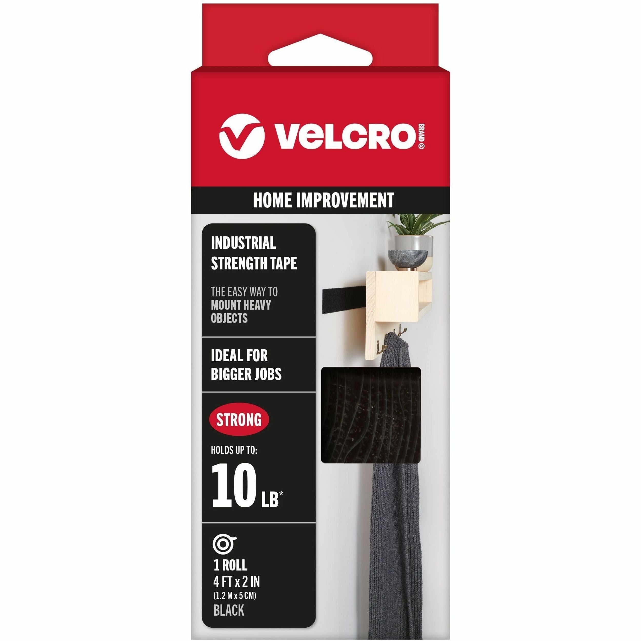4 ft Length x 2" Width - Black - Plastic - Water Resistant, Long Lasting - For Tools, Equipment, Glass, Hanging, Project, Industrial, Garage, Indoor, Outdoor, Mounting, Storing, ... Roll - 1 Roll