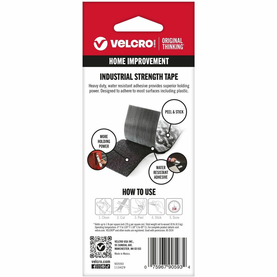 4 ft Length x 2" Width - Black - Plastic - Water Resistant, Long Lasting - For Tools, Equipment, Glass, Hanging, Project, Industrial, Garage, Indoor, Outdoor, Mounting, Storing, ... Roll - 1 Roll