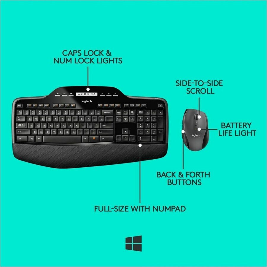 USB Wireless RF 2.40 GHz Keyboard - Black - USB Wireless RF Mouse - Optical - Scroll Wheel - Black - AA for PC - 1 Each