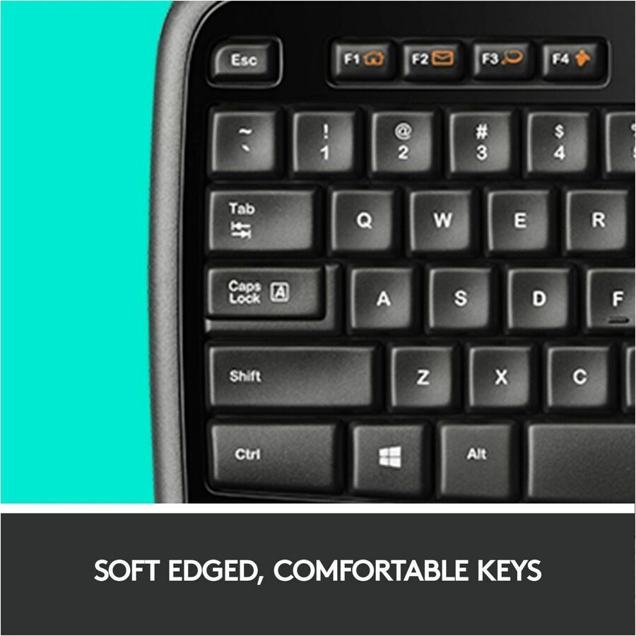 USB Wireless RF 2.40 GHz Keyboard - Black - USB Wireless RF Mouse - Optical - Scroll Wheel - Black - AA for PC - 1 Each