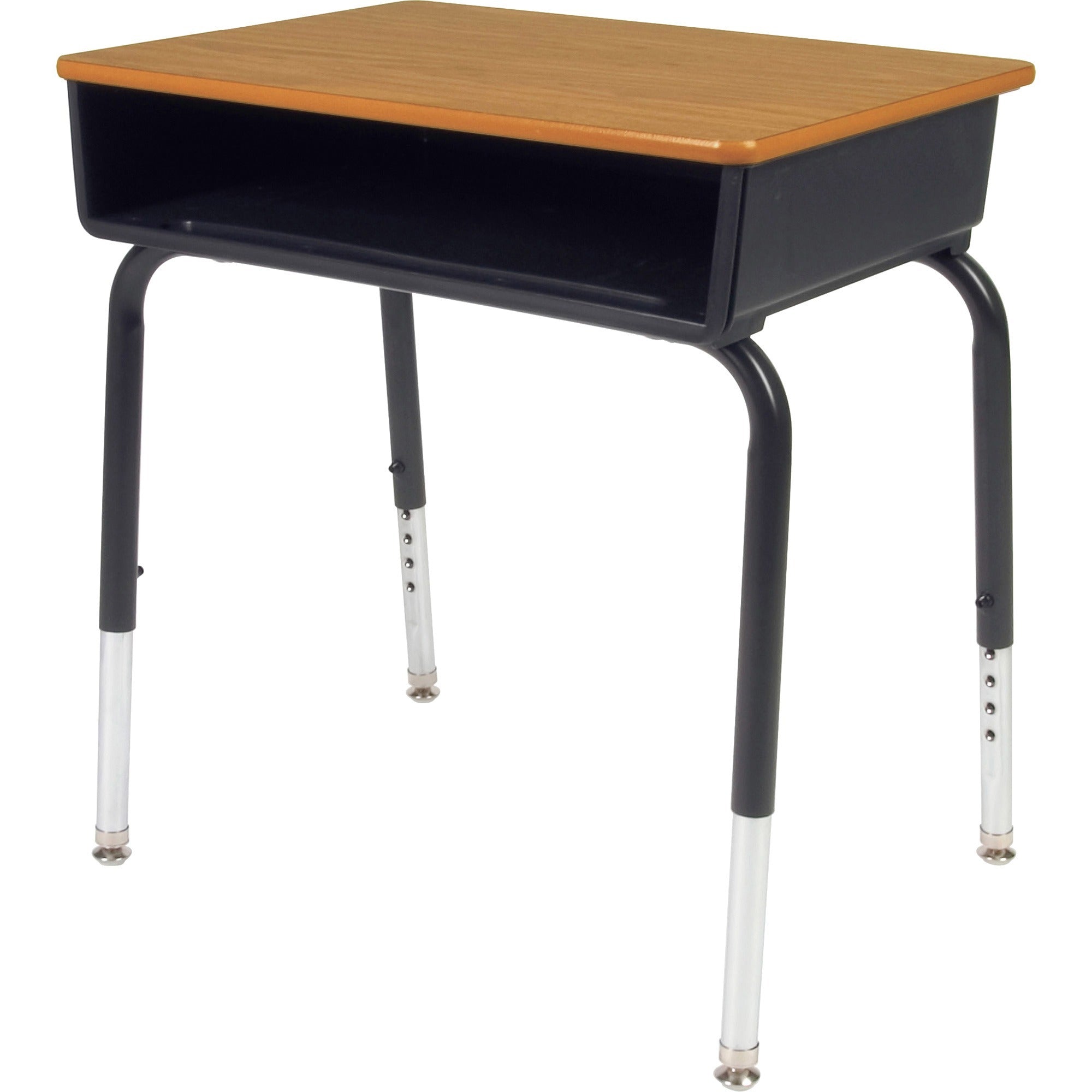 Virco 785 Open Front Student Desk with Book Box, Medium Oak Rectangle Top, Height Adjustable 22"-30", 24" x 18", Chrome, Laminated, 4 Legs, 2 Desks per Carton