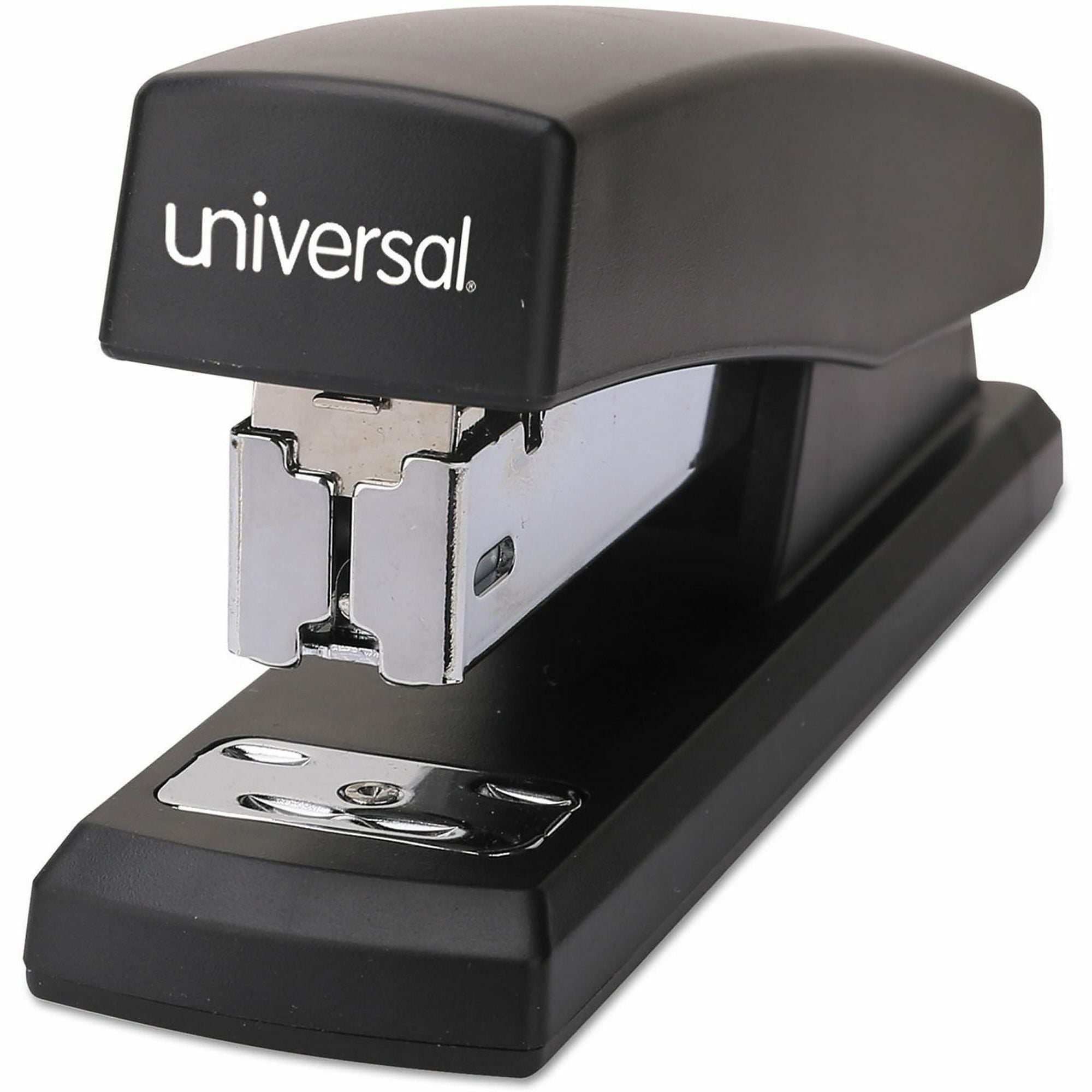 Universal Desktop Stapler - Staples Upto 20 Sheet - Holds Upto 105 Staple - Half Strip - Staple Size: 0.25" - 2" Throat Depth - 0.50" Crown Width - Top Loading - Black - Plastic - 1 Each