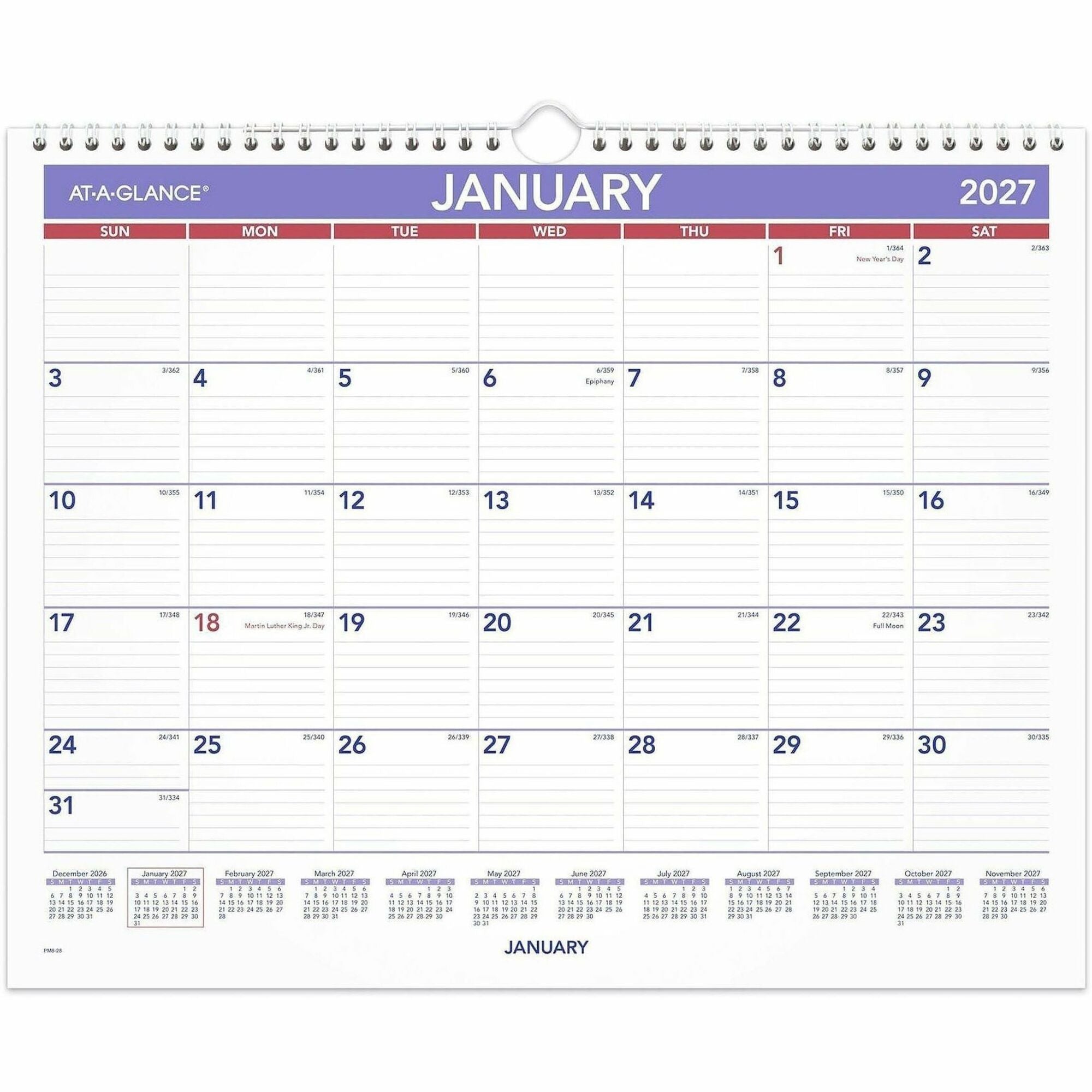 At-A-Glance Wall Calendar, Medium, Monthly, 12 Months (Jan-Dec 2026), 1 Week Single Page Layout, 15" x 12", White Sheets, 2" x 1.75" Blocks, Wire Bound, Hanging Loop, 1 Each