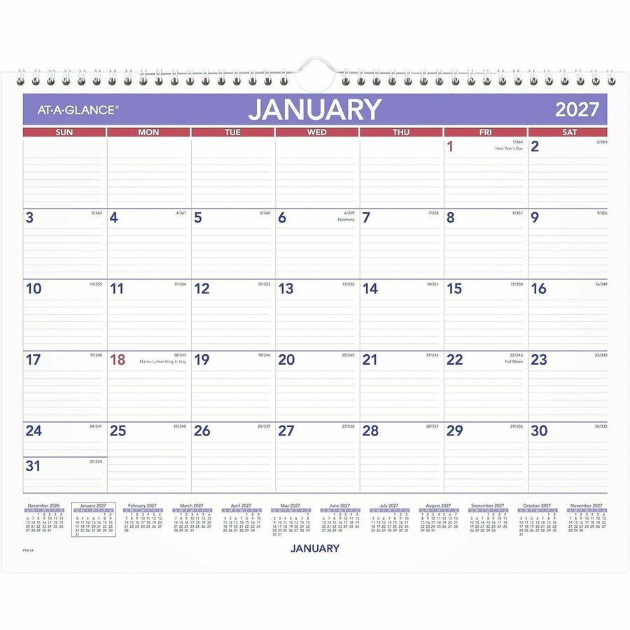 At-A-Glance Wall Calendar, Medium, Monthly, 12 Months (Jan-Dec 2026), 1 Week Single Page Layout, 15" x 12", White Sheets, 2" x 1.75" Blocks, Wire Bound, Hanging Loop, 1 Each