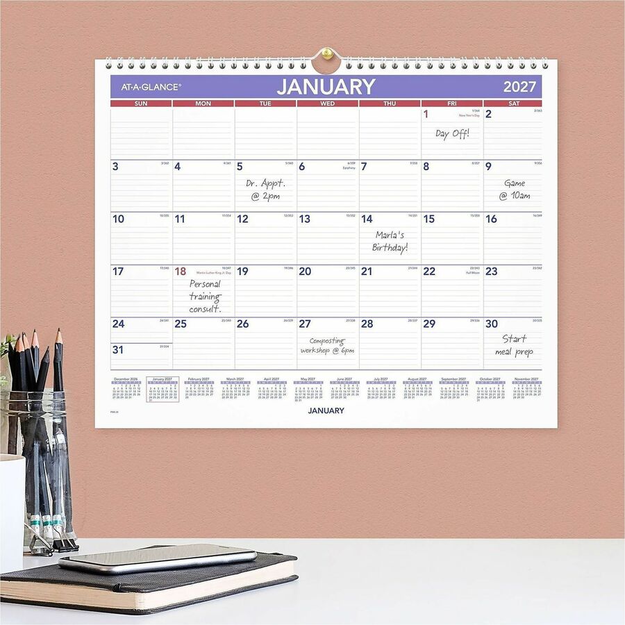 At-A-Glance Wall Calendar, Medium, Monthly, 12 Months (Jan-Dec 2026), 1 Week Single Page Layout, 15" x 12", White Sheets, 2" x 1.75" Blocks, Wire Bound, Hanging Loop, 1 Each