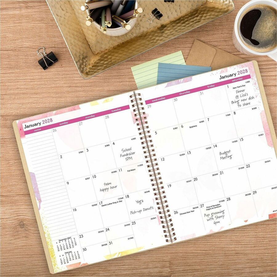 Julian Dates - Weekly, Monthly - 12 Month - January 2026 to December 2026 - 1 Week, 1 Month Double Page Layout - 8 1/2" x 11" Sheet Size - Beige Sheet - Wire Bound - 11" Height - Pocket, Watercolor Theme - 1 Each