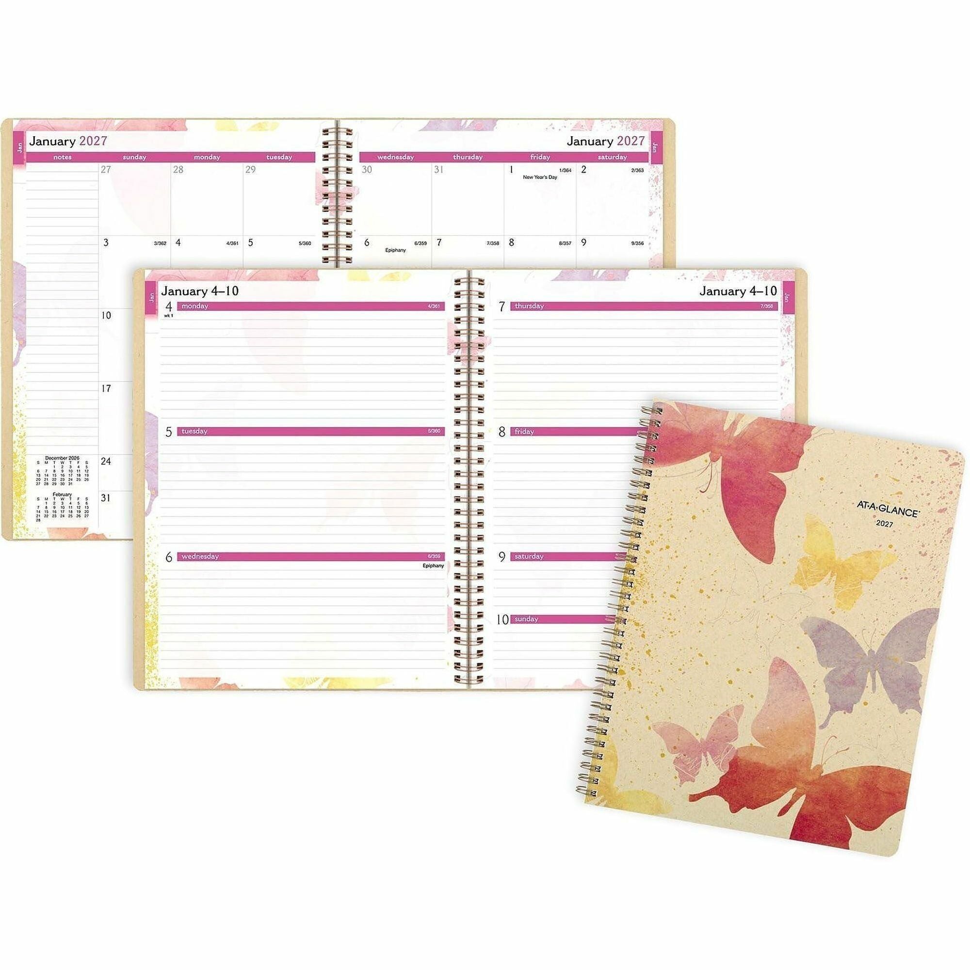 Julian Dates - Weekly, Monthly - 12 Month - January 2026 to December 2026 - 1 Week, 1 Month Double Page Layout - 8 1/2" x 11" Sheet Size - Beige Sheet - Wire Bound - 11" Height - Pocket, Watercolor Theme - 1 Each