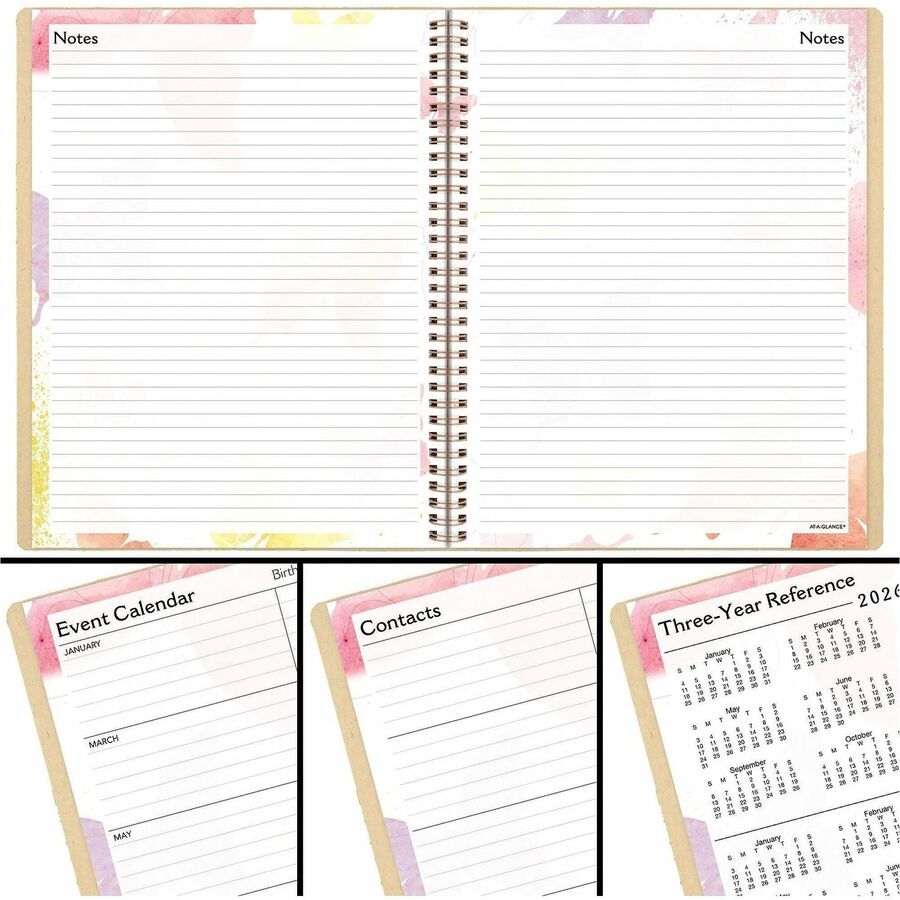 Julian Dates - Weekly, Monthly - 12 Month - January 2026 to December 2026 - 1 Week, 1 Month Double Page Layout - 8 1/2" x 11" Sheet Size - Beige Sheet - Wire Bound - 11" Height - Pocket, Watercolor Theme - 1 Each
