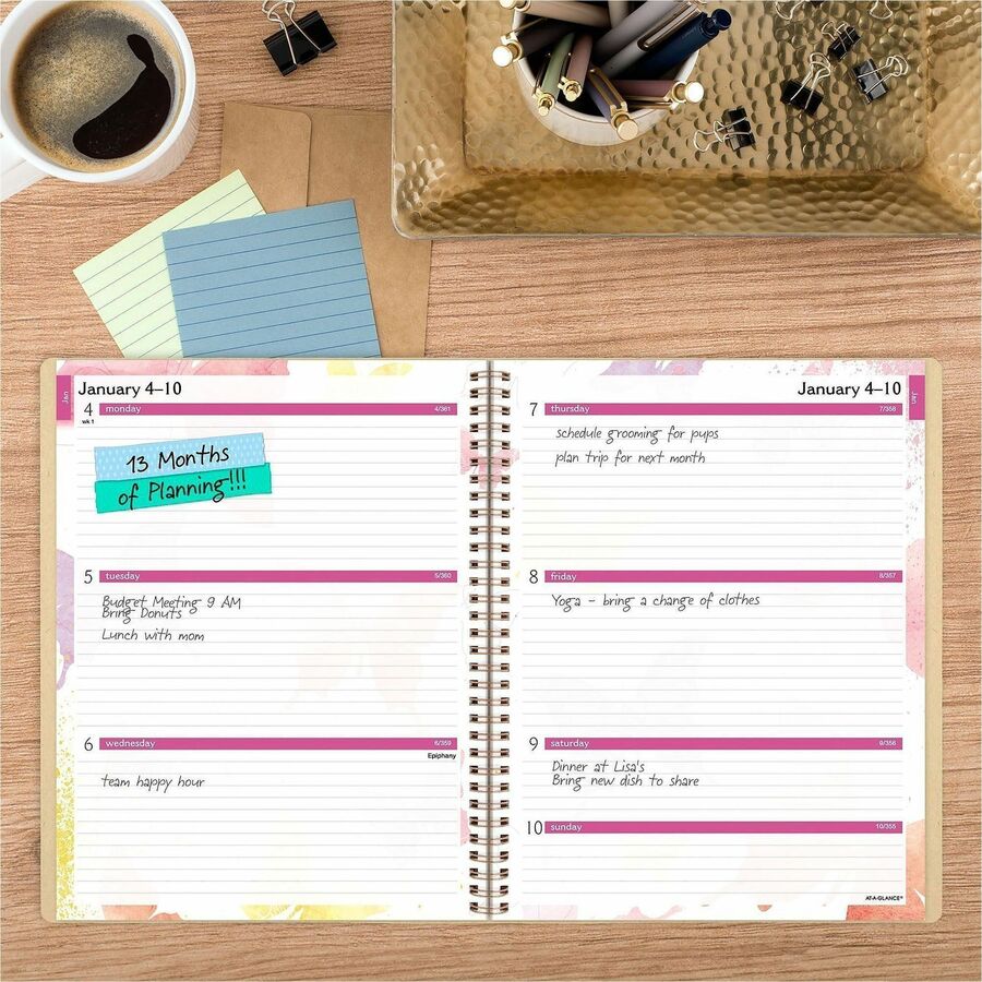 Julian Dates - Weekly, Monthly - 12 Month - January 2026 to December 2026 - 1 Week, 1 Month Double Page Layout - 8 1/2" x 11" Sheet Size - Beige Sheet - Wire Bound - 11" Height - Pocket, Watercolor Theme - 1 Each