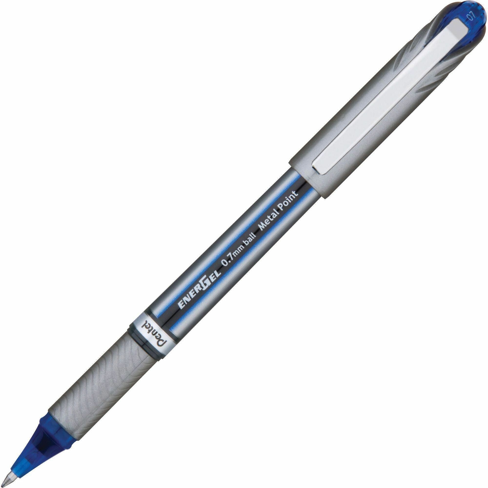 EnerGel EnerGel NV Liquid Gel Pens - 0.7 mm Medium Pen Point - Blue Ink - Gel-based - Gray Barrel - Metal Tip - 1 Dozen