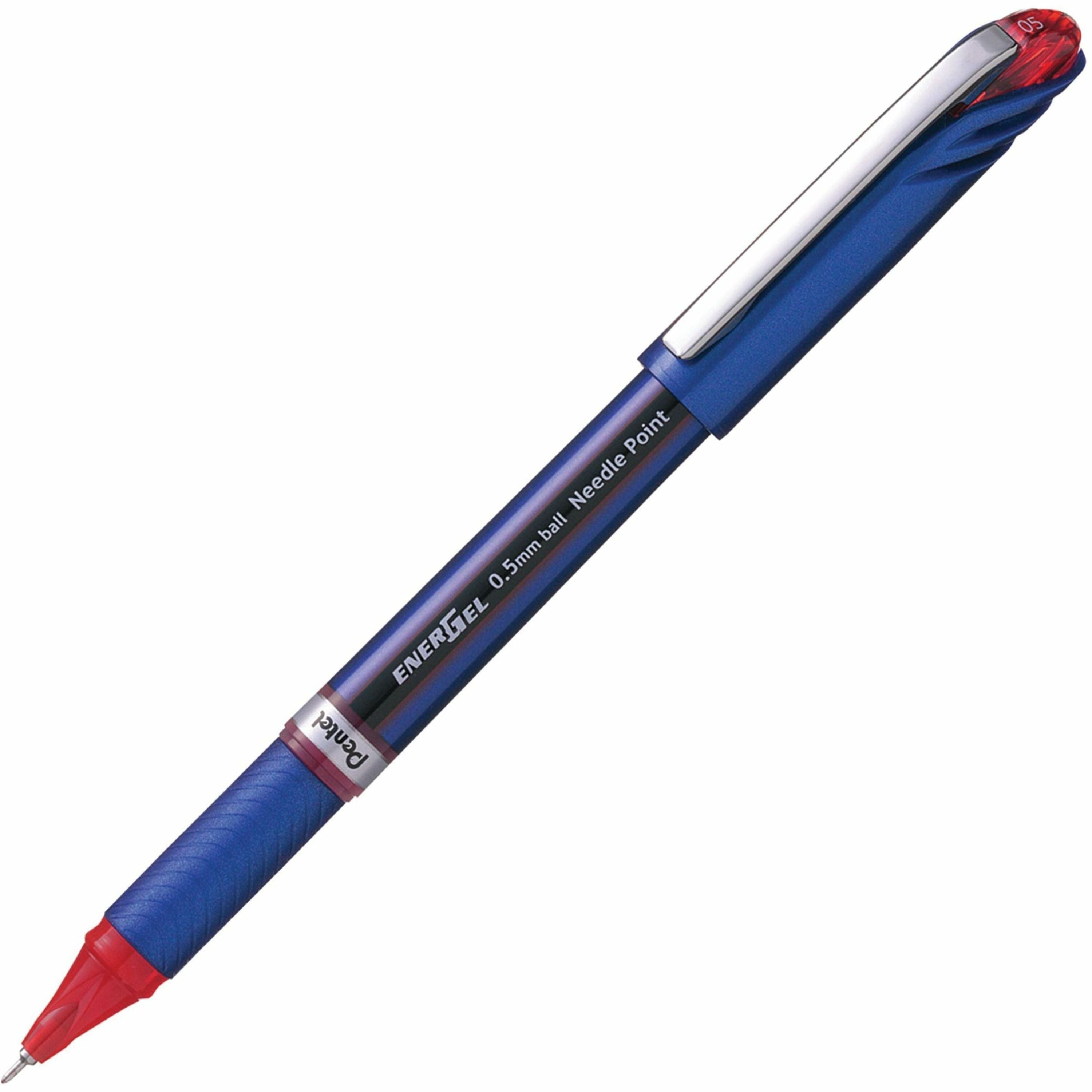 EnerGel EnerGel NV Liquid Gel Pens - 0.5 mm Fine Needle Pen Point - Red Ink - Gel-based - Blue Barrel - Metal Tip - 12 / Box
