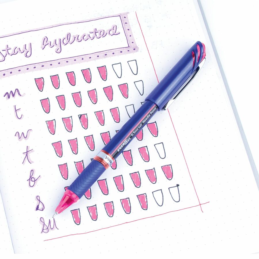 EnerGel EnerGel NV Liquid Gel Pens - 0.5 mm Fine Needle Pen Point - Red Ink - Gel-based - Blue Barrel - Metal Tip - 12 / Box