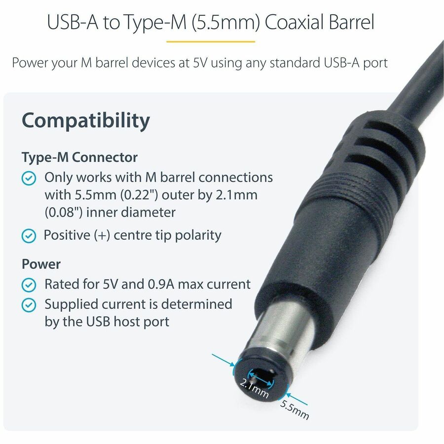 StarTech.com 3 ft USB to Type M Barrel 5V DC Power Cable