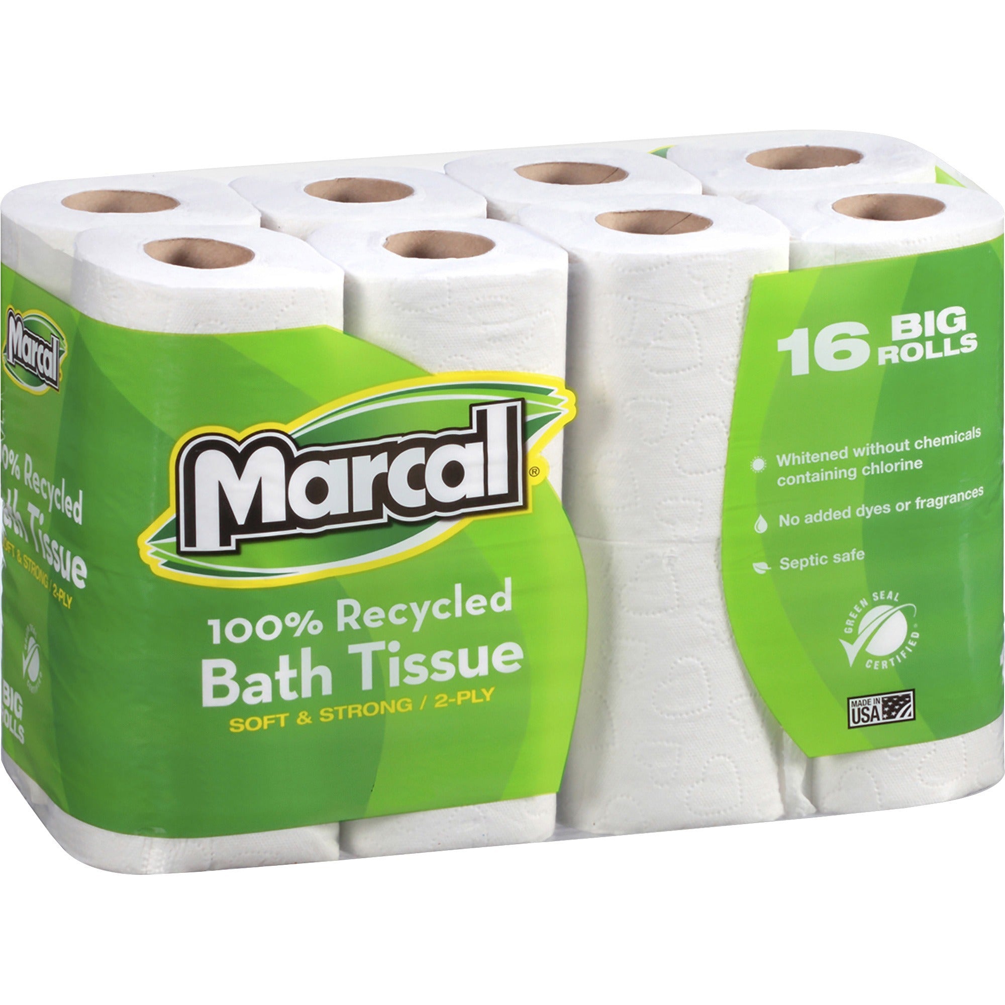 Marcal 100% Recycled Soft/Strong Bath Tissue - 2 Ply - 4.20" Width x 3.60" Length - 168 Sheets/Roll - White - 16 Rolls Per Pack - 1 Pack