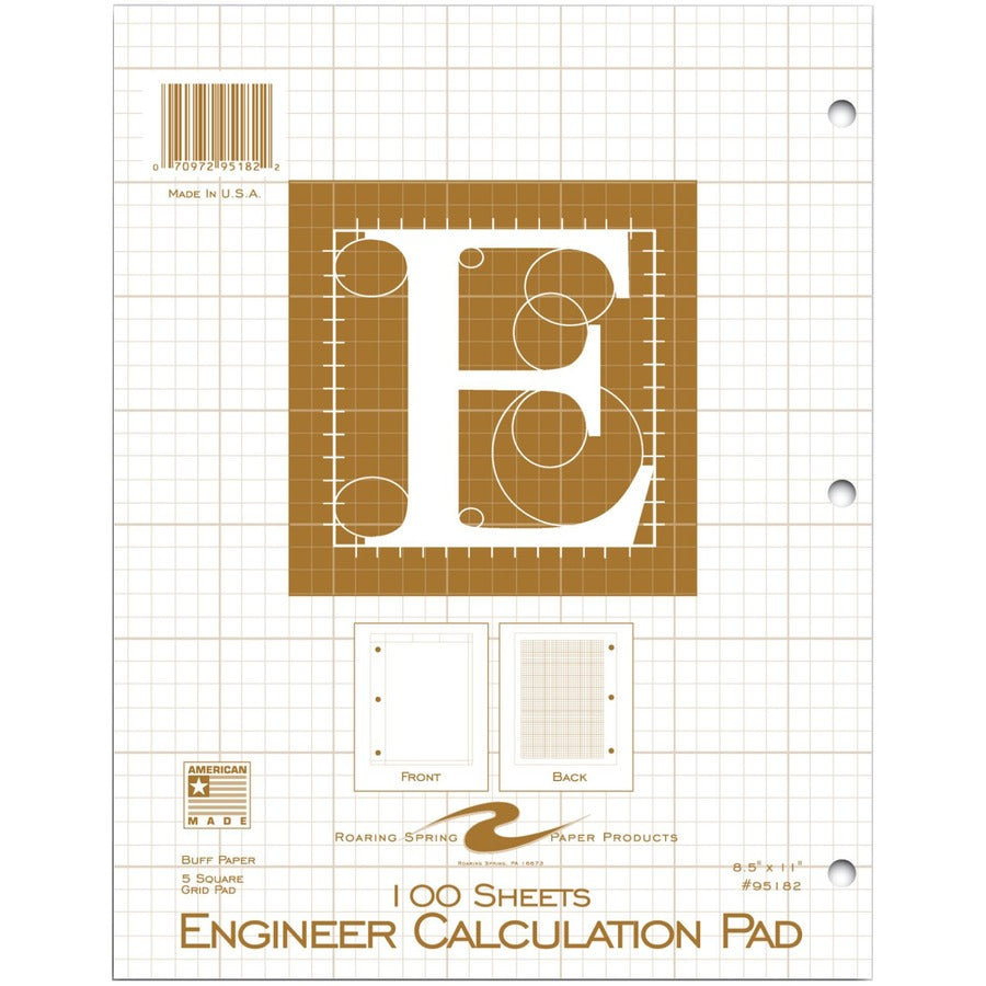 Roaring Spring 5x5 Grid Engineering Pad, 100 Sheets, 200 Pages, 11" x 8.5", Buff Paper, 3-Hole Punched, Glued Binding, Quad Ruled, 20 lb, 75 g/m², 1 Each