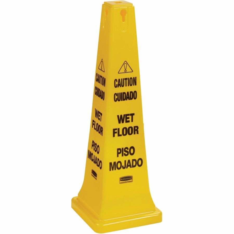 Rubbermaid Commercial 36" Safety Cone - Spanish, English - Print/Message "Caution" , "Wet Floor" - 12.2" Width x 36" Height x 12.2" Depth - Cone Shape - Stackable, Sturdy - Plastic - Bright Yellow - 1 Each