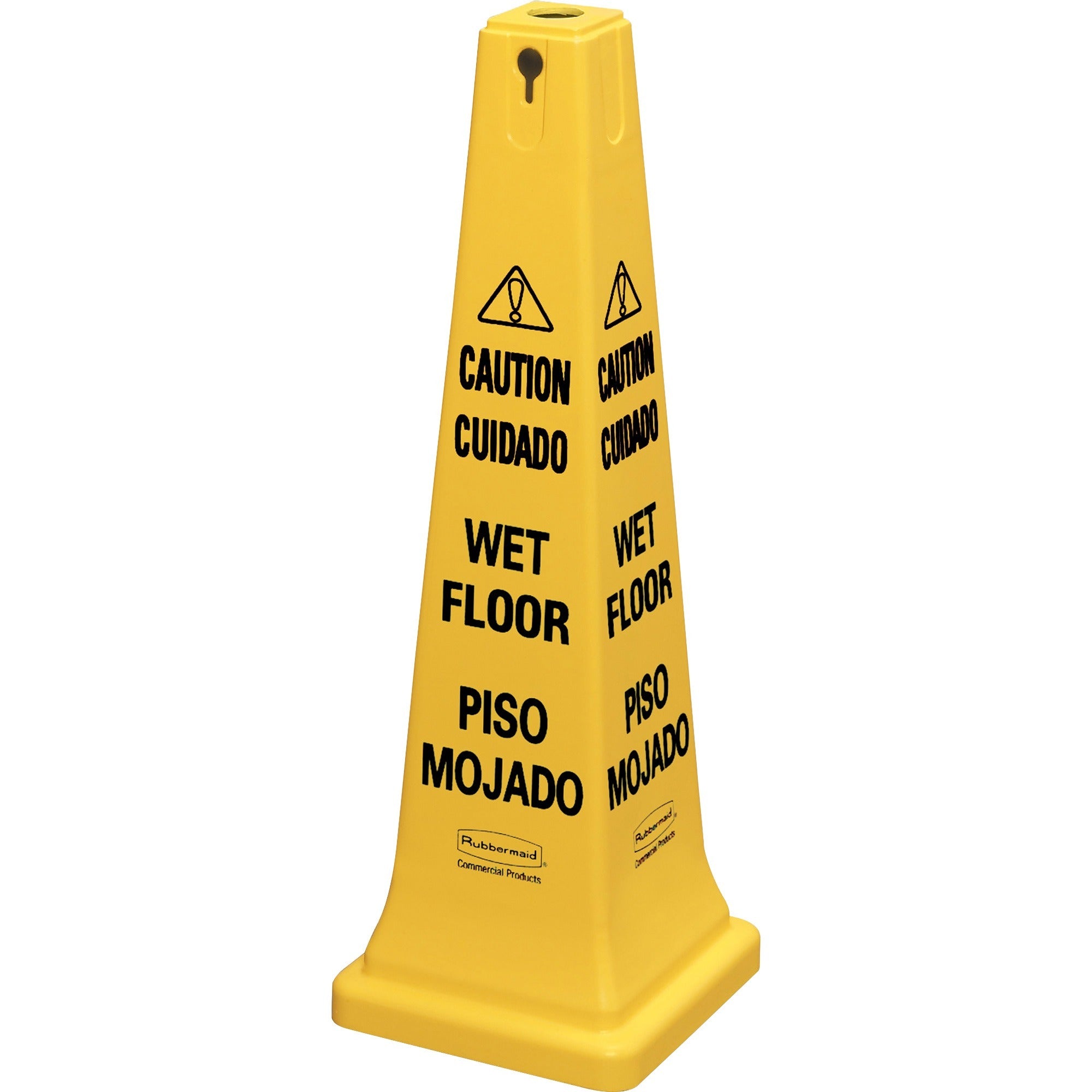 Rubbermaid Commercial 36" Safety Cone - Spanish, English - Print/Message "Caution" , "Wet Floor" - 12.2" Width x 36" Height x 12.2" Depth - Cone Shape - Stackable, Sturdy - Plastic - Bright Yellow - 1 Each