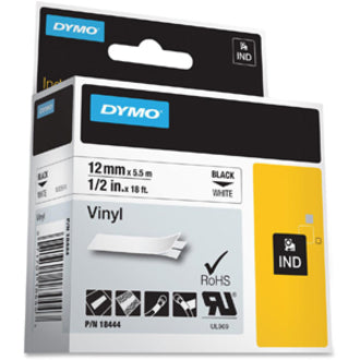 Dymo Rhino Industrial Vinyl Labels - 15/32" Width x 18 3/64 ft Length - Permanent Adhesive - Rectangle - Thermal Transfer - Black on White - Vinyl - Water Resistant - Chemical Resistant, Oil Resistant - 1 Each