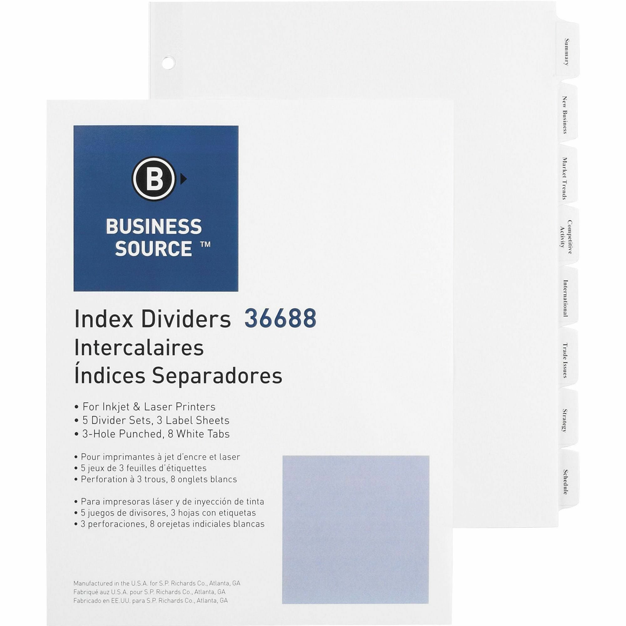 Business Source Punched Tabbed Laser Index Dividers, 8 Blank Tabs, Letter Size, 3-Hole Punched, White, 100% Recycled, 1 Pack