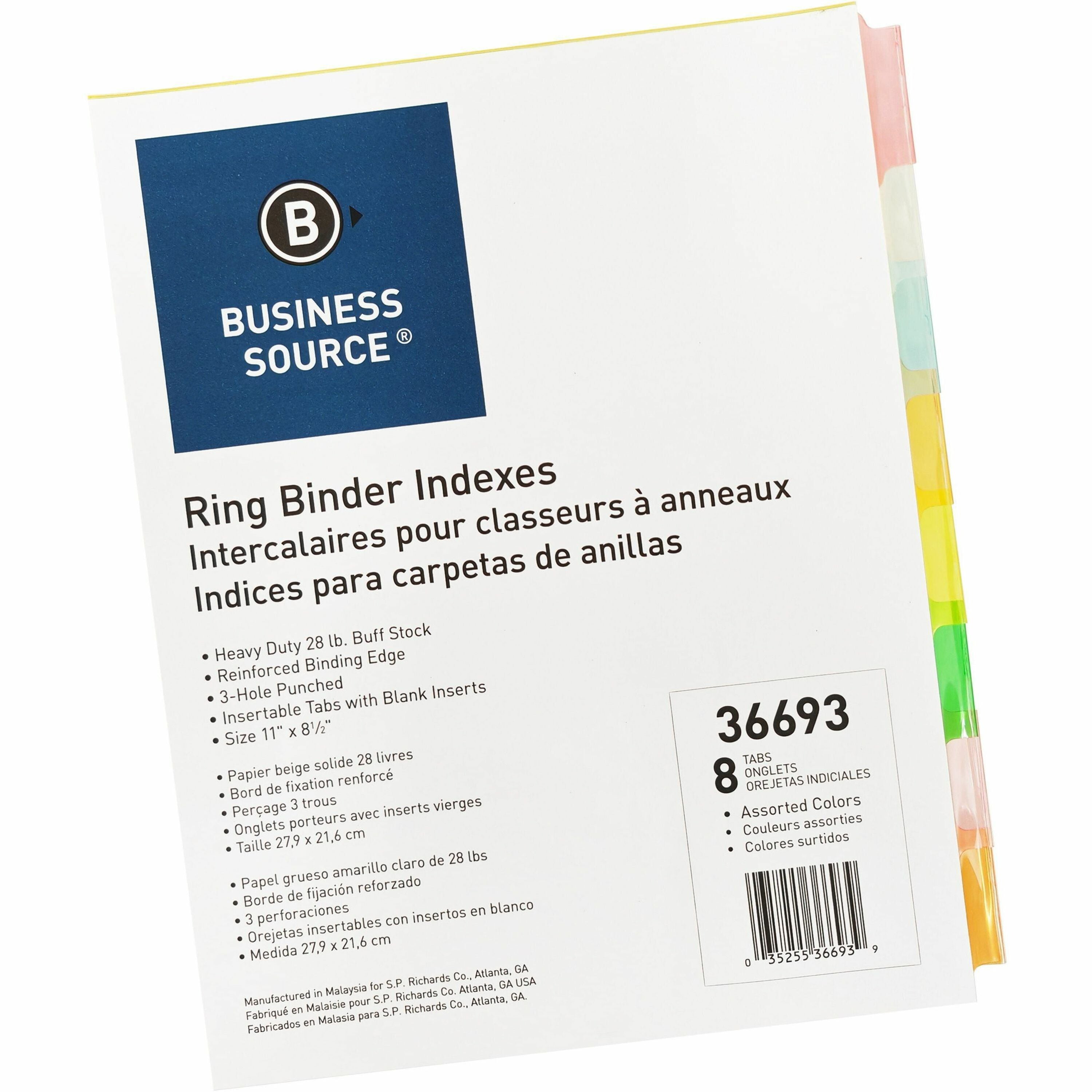 Business Source Insertable Tab Ring Binder Indexes - 8 Blank Tab(s) - 1.50" Tab Width - 8.5" Divider Width x 11" Divider Length - Letter - 3 Hole Punched - Multicolor Tab(s) - Tear Resistant, Punched, Insertable, Reinforced Edges - 1 Set