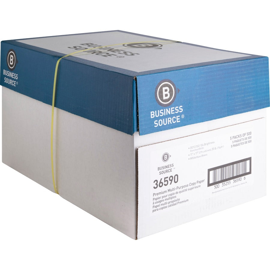 Business Source Premium Multipurpose Copy Paper - White - 92 Brightness - Ledger/Tabloid - 11" x 17" - 20 lb Basis Weight - Acid-free - White - 500 Sheets per Ream - 5 / Carton