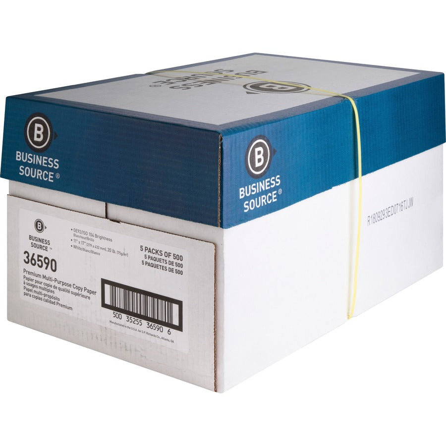 Business Source Premium Multipurpose Copy Paper - White - 92 Brightness - Ledger/Tabloid - 11" x 17" - 20 lb Basis Weight - Acid-free - White - 500 Sheets per Ream - 5 / Carton