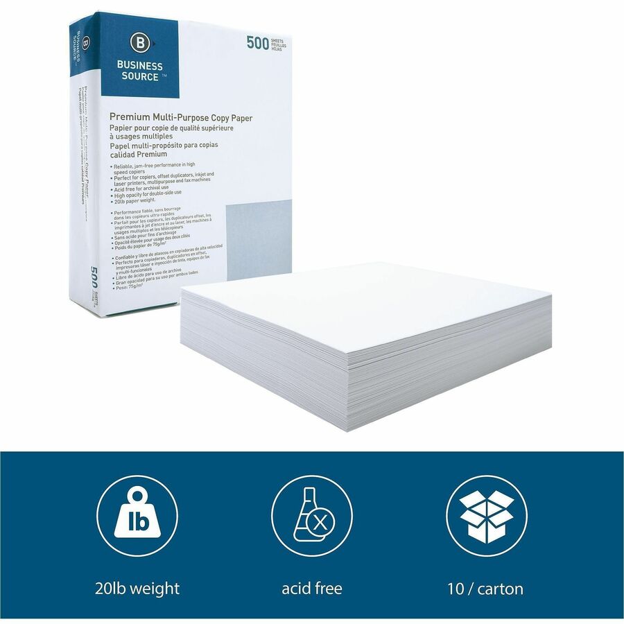 92 Brightness - Letter - 8 1/2" x 11" - 20 lb Basis Weight - Acid-free - White - 500 Sheets per Ream - 10 / Carton